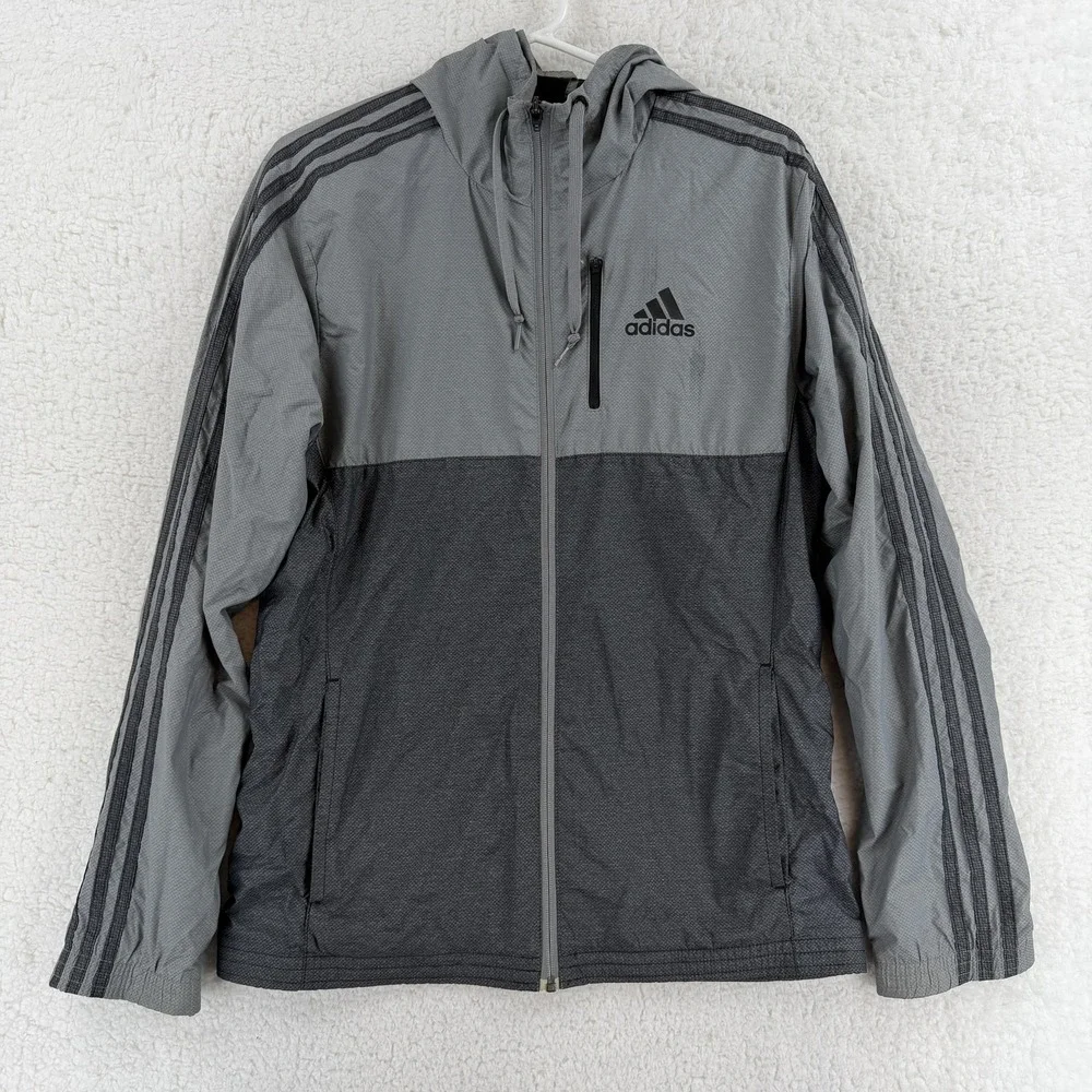 Adidas Jacket Mens Small Gray Hooded Colorblock Windbreaker Running Zip Athletic